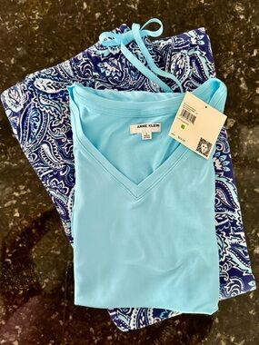 Anne Klein Aqua V-Neck Top with Navy Paisley Drawstring Pants lounge set L